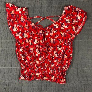 4/$15 Red Floral Blouse Women Small 3-5 Junior Ruffle Cropped Boho Country